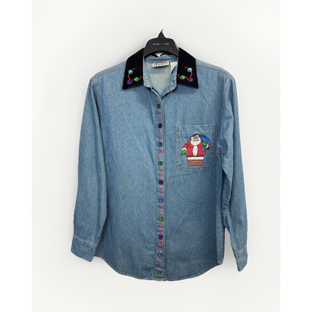 VTG Bill Blass Jeans Shirt Women's S Denim Velvet Collar Christmas Embroidery